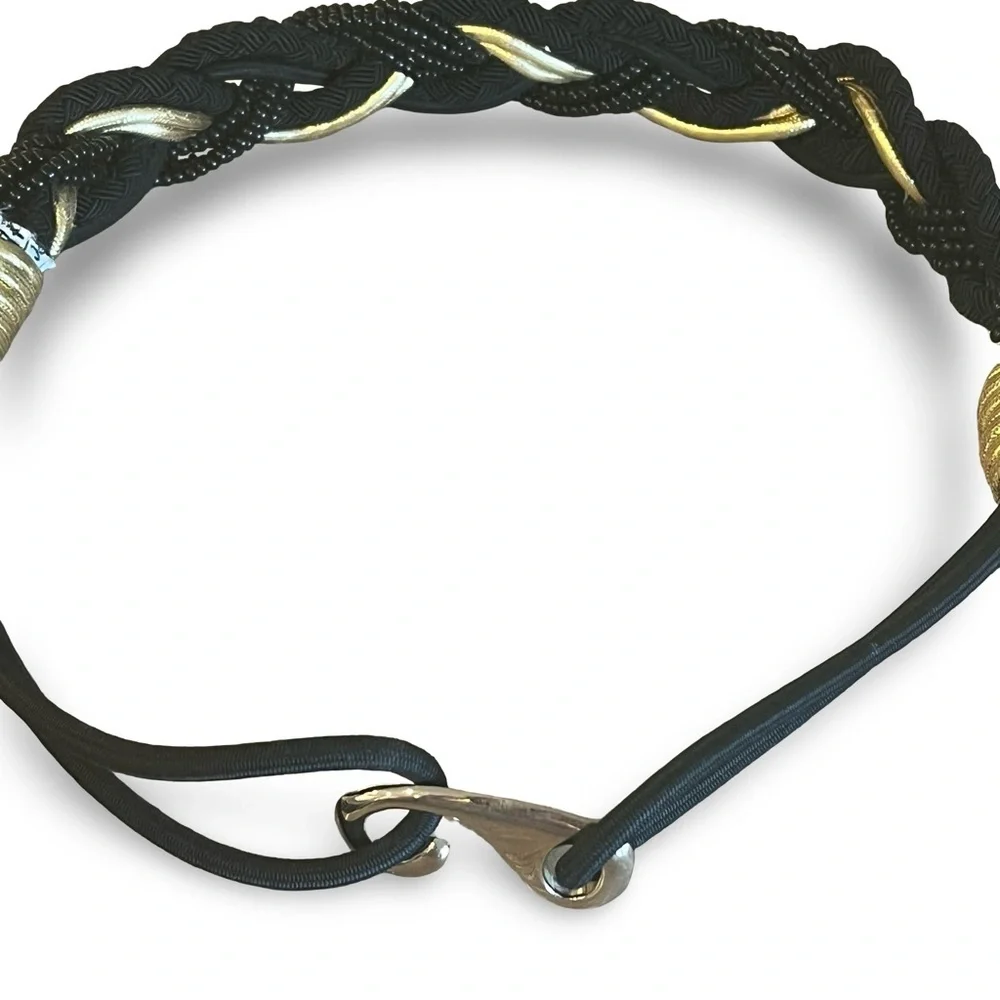 Vintage 70s Black Gold Braided Bead, Lamè Cord Belt with Brass Cinch Buckle 31”